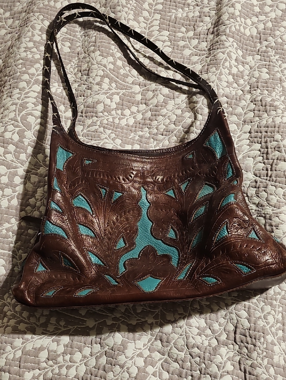 Real Brown Leather Shoulder Bag with Teal Inlay